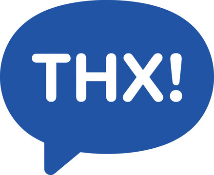 A blue speech bubble icon with the word thx written in white letters representing a casual thank you message