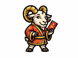 Naklejka premium Festive goat holding a red envelope. Traditional Hanfu robe and golden horns illustration. Chinese New Year 2027 vector character