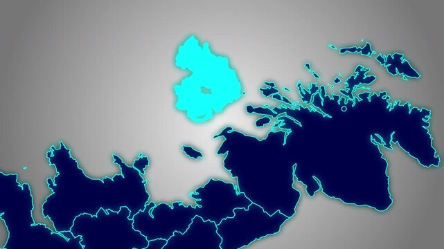 Animated glowing map of Northern Ireland, UK, with a highlighted outline on a gray gradient background, ideal for geography, travel, news, and infographic projects.