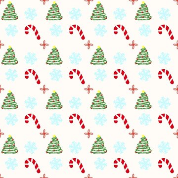 Cute christmas seamless pattern with tree candy cane and snowflake