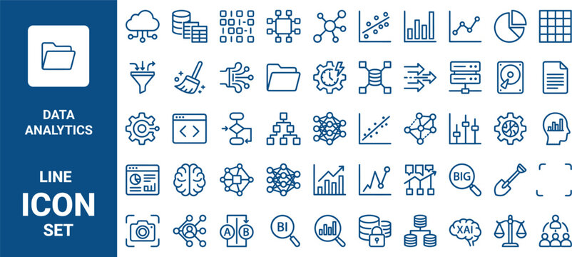 Set of data analytics line icons collection of thin linear icons for big data, business intelligence, and machine learning