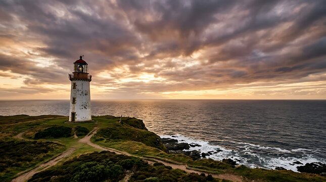 Historic lighthouse on a coastal cliff at sunset with dramatic sky