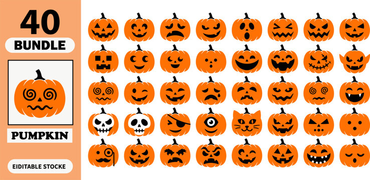Collection of forty unique carved halloween pumpkin faces for seasonal holiday decoration and graphic design projects