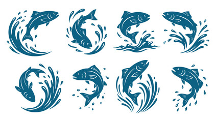 Fototapeta premium Set of blue jumping salmon fish icons with water splashes and waves design