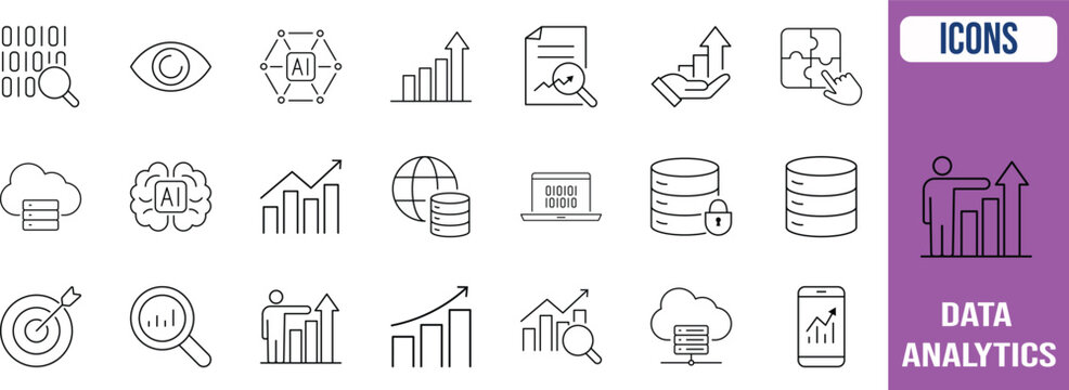 Data analytics ai technology icons. graph icon set, database icon set, ai icon set