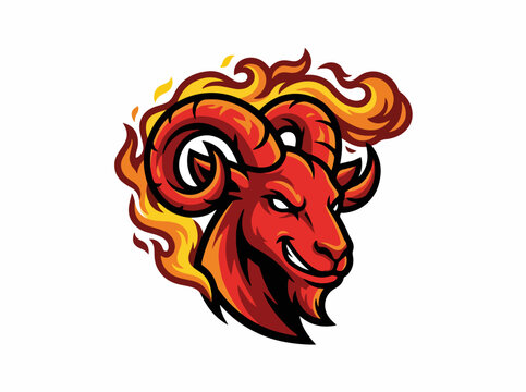 Confident red goat mascot head with flaming horns. Heroic animal character logo. Dynamic fire vector illustration
