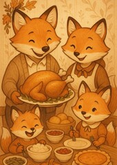 Fototapeta premium Fox family enjoying Thanksgiving feast