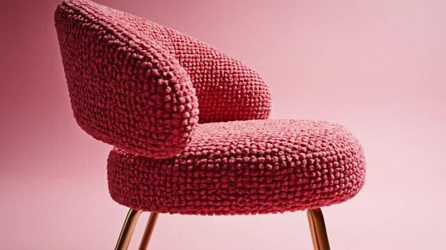 Luxurious pink boucle chair with gold legs stands alone in studio for modern design