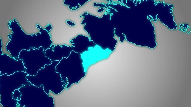 Animated glowing map of North East England, UK, with a highlighted outline on a gray gradient background, ideal for geography, travel, news, and infographic projects.