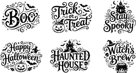 Fototapeta premium Set of six decorative halloween typography labels featuring spooky hand drawn lettering and festive holiday icons for seasonal design