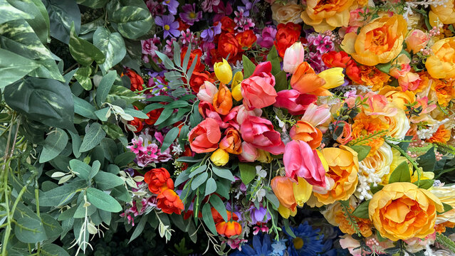 Bright Colorful Artificial Flower Arrangements Displayed Inside Modern Floral Decoration Shop Beautifully