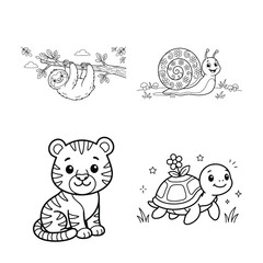Obraz premium Set of cute black and white hand drawn animal and insect doodles, tiger cub, snail, sloth and turtle isolated on white background