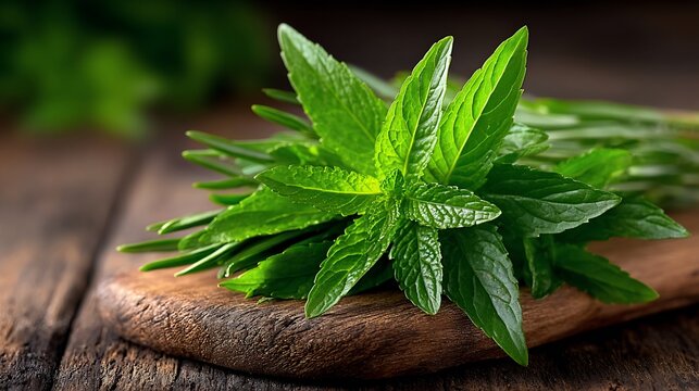 Freshly harvested mint and rosemary herbs on a rustic wooden cutting board still life arrangement