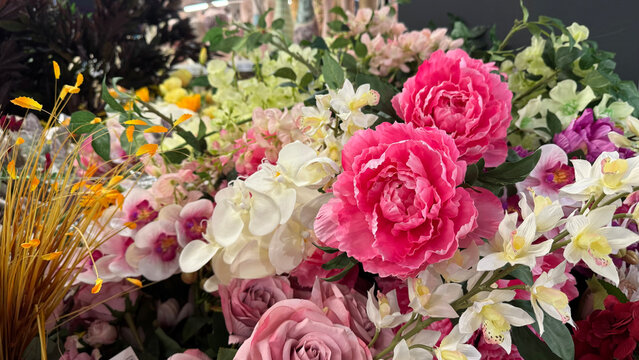 Elegant Pink And White Floral Arrangement With Orchids Peonies And Roses Together
