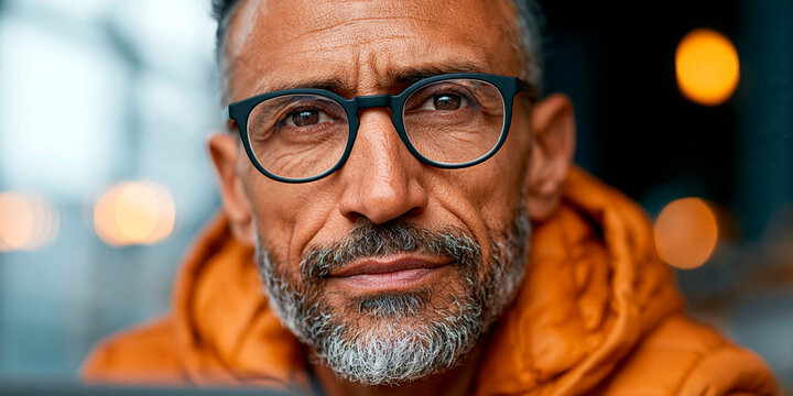 Mature man with gray beard and black glasses wearing an orange jacket in a closeup portrait with a serious confident expression
