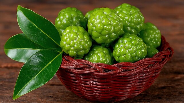 Fresh Bergamot Fruits in a Wicker Basket Displayed on a Wooden Surface for Culinary and Herbal Uses