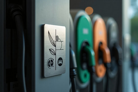 Close up of electric vehicle charging station with colorful nozzles and eco-friendly sign representing sustainable green transportation energy conservation
