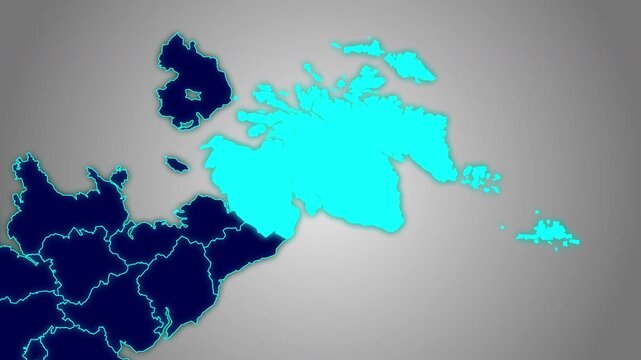 Animated glowing map of Scotland, UK, with a highlighted outline on a gray gradient background, ideal for geography, travel, news, and infographic projects.