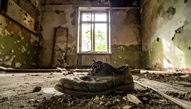 Old stone building with broken window and overgrown surroundings.