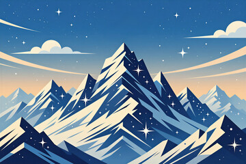 Fototapeta premium Sharp mountain peak under night sky with glowing stars. Snowy summit range landscape in minimalist style design. Concept represents business success achievement goal motivation growth leadership