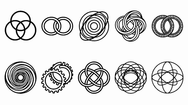 A collection of ten distinct circular geometric line art icons and abstract symbols.