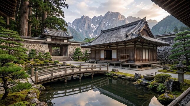Serene Japanese Garden with Mountains: A tranquil Japanese temple garden unfolds with a traditional wooden bridge arching over a reflective pond, meticulously pruned bonsai trees.
