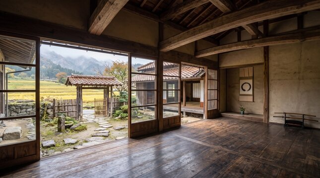 Tranquil Japanese Countryside Home: An open vista from inside a traditional Japanese house reveals a serene garden and distant rice paddies under a soft, overcast sky.