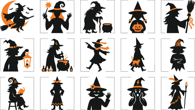 Set of fifteen halloween witch silhouettes with orange fire accents isolated on a white background for holiday design