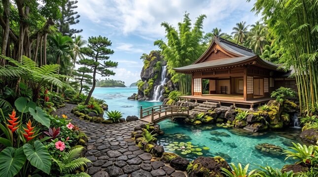 Serene Japanese Garden Oasis: A tranquil Japanese-style house sits beside a crystal-clear lagoon, connected by a stone bridge, amidst lush tropical foliage, cascading waterfall, and vibrant flowers.