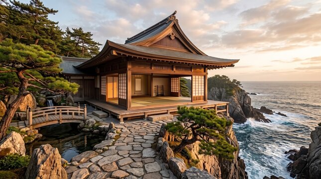Japanese Zen Retreat: A serene wooden Japanese pavilion, perched precariously on a cliff edge overlooking a vast ocean.