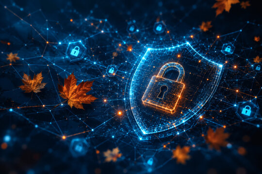 Cyber security concept with digital glowing shield and padlock on abstract network background with autumn maple leaves.