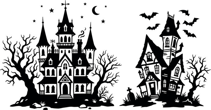 A pair of spooky black and white halloween haunted mansion illustrations featuring creepy trees, bats, a moon, and stars for festive holiday graphic design projects