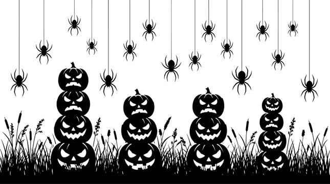 A spooky Halloween illustration featuring stacks of menacing carved jack-o-lanterns sitting in tall grass with numerous creepy spiders hanging from threads in the background