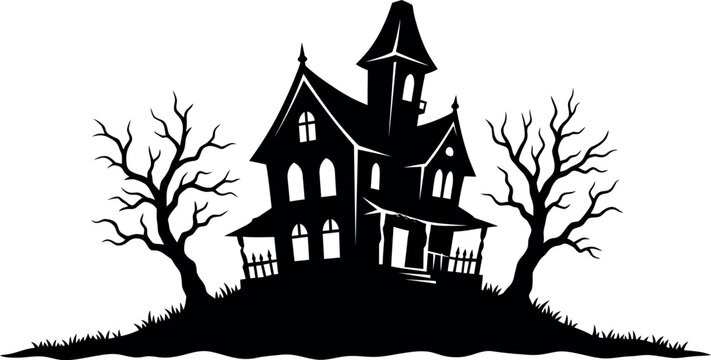 A stark black and white silhouette graphic of a spooky haunted Victorian mansion house standing on a grassy hill with two dead trees