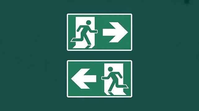Green emergency exit signs with arrow icons