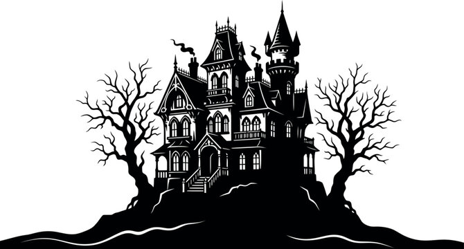 A striking black and white silhouette illustration of a spooky Victorian mansion perched on a rocky hill surrounded by two bare, twisted, creepy trees