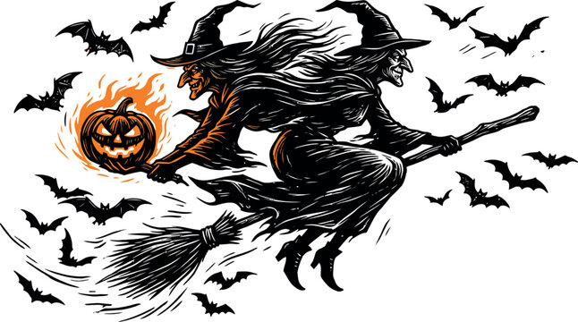 Two sinister witches flying together on a single wooden broomstick through a night sky filled with many small bats holding a glowing jack-o-lantern.