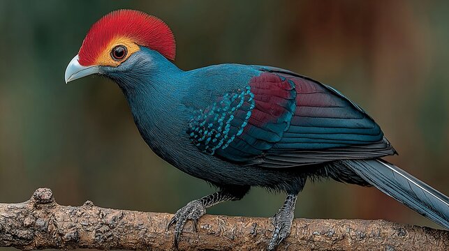 Portrait of a Violet Turaco Bird Perched on a Branch Against a Blurred Background
