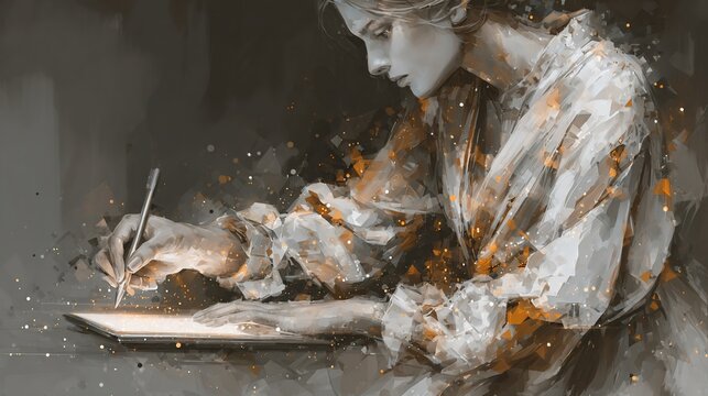 Portrait of an artist in contemplation while drawing or writing a creative work
