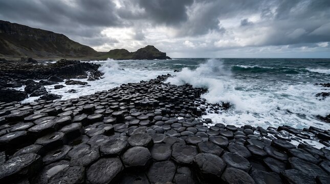 Unique interlocking basalt columns of the Giants Causeway by the ocean