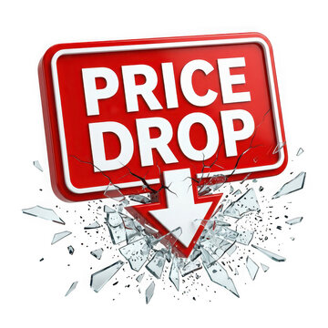 Price drop sign with red arrow breaking through glass isolated on transparent background
