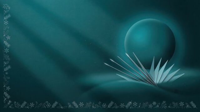 Mystical dark teal abstract composition with a glowing sphere and an elegant geometric fan shape creating serene ambiance
