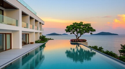 Fototapeta premium Modern hotel building with infinity pool at sunset. Serene ocean view with distant islands and a rich tree. Calm water reflects colorful sky and horizon.
