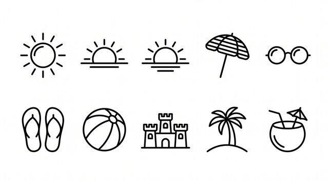 Minimal summer icon set featuring line art of sun, beach, flip‑flops, palm tree, coconut, sunglasses, and sandcastle&mdash;clean outlines evoking vacation, warmth, and seaside leisure.
