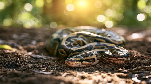 Ball python resting on earthy ground, its coiled body showcasing detailed scales under dappled light creating natural habitat