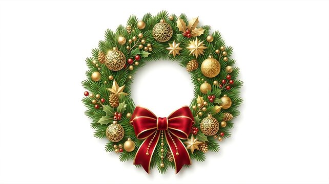  Luxurious 2.5D Christmas wreath vector illustration decorated with metallic gold ornaments, pinecones, berries, and a rich red velvet bow, isolated on pure white background