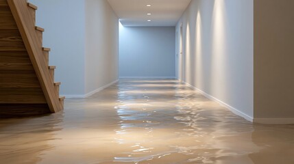 Fototapeta premium Basement hallway experiencing water damage, muddy standing water reflects ceiling lights, jeopardizing home and requiring urgent cleanup