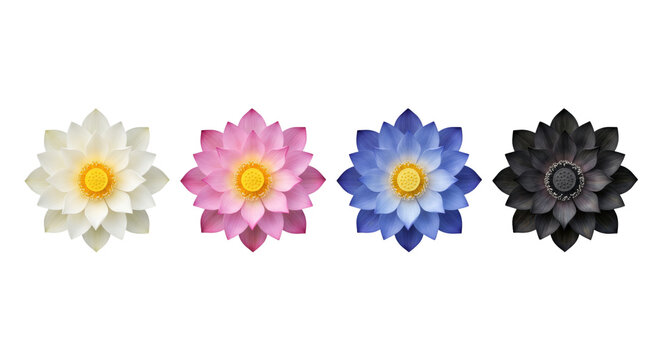 Set of four blooming lotus flowers isolated