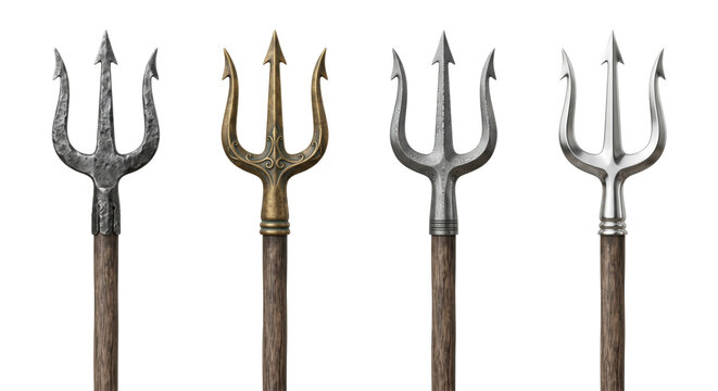 Set of four vintage metal pitchforks isolated