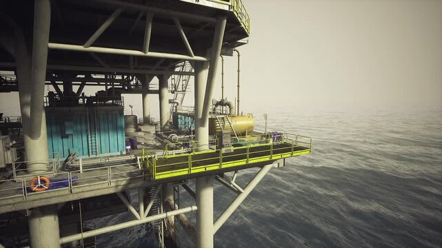 Offshore oil rig maintenance deck dawn, steel walkway with yellow safety rails, toolboxes and service cabinets, calm sea horizon under soft light, industrial
